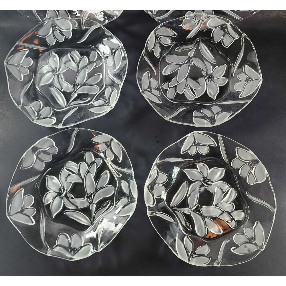 6 Embossed Floral Dinner Plate Clear Thick Glass Textured 8" Wavy Edge Stunning - Picture 11 of 16
